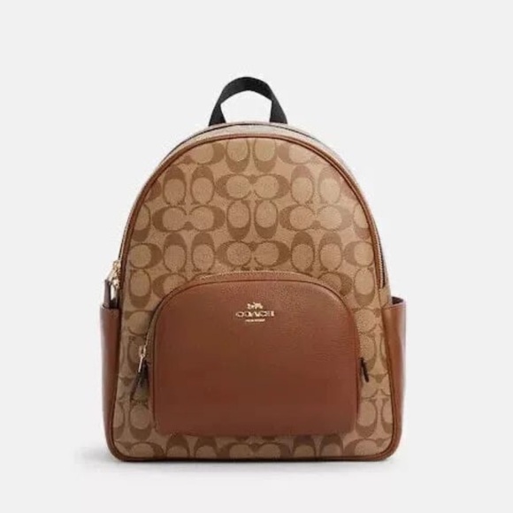 NWT Coach 5671 Court Backpack In Signature Canvas Khaki Saddle Brown Medium Bag - Picture 2 of 16